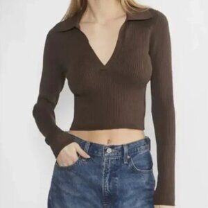 Aritzia Babaton Sculpt Knit Polo Long Sleeve Cropped Top Brown Fitted Minimal M
